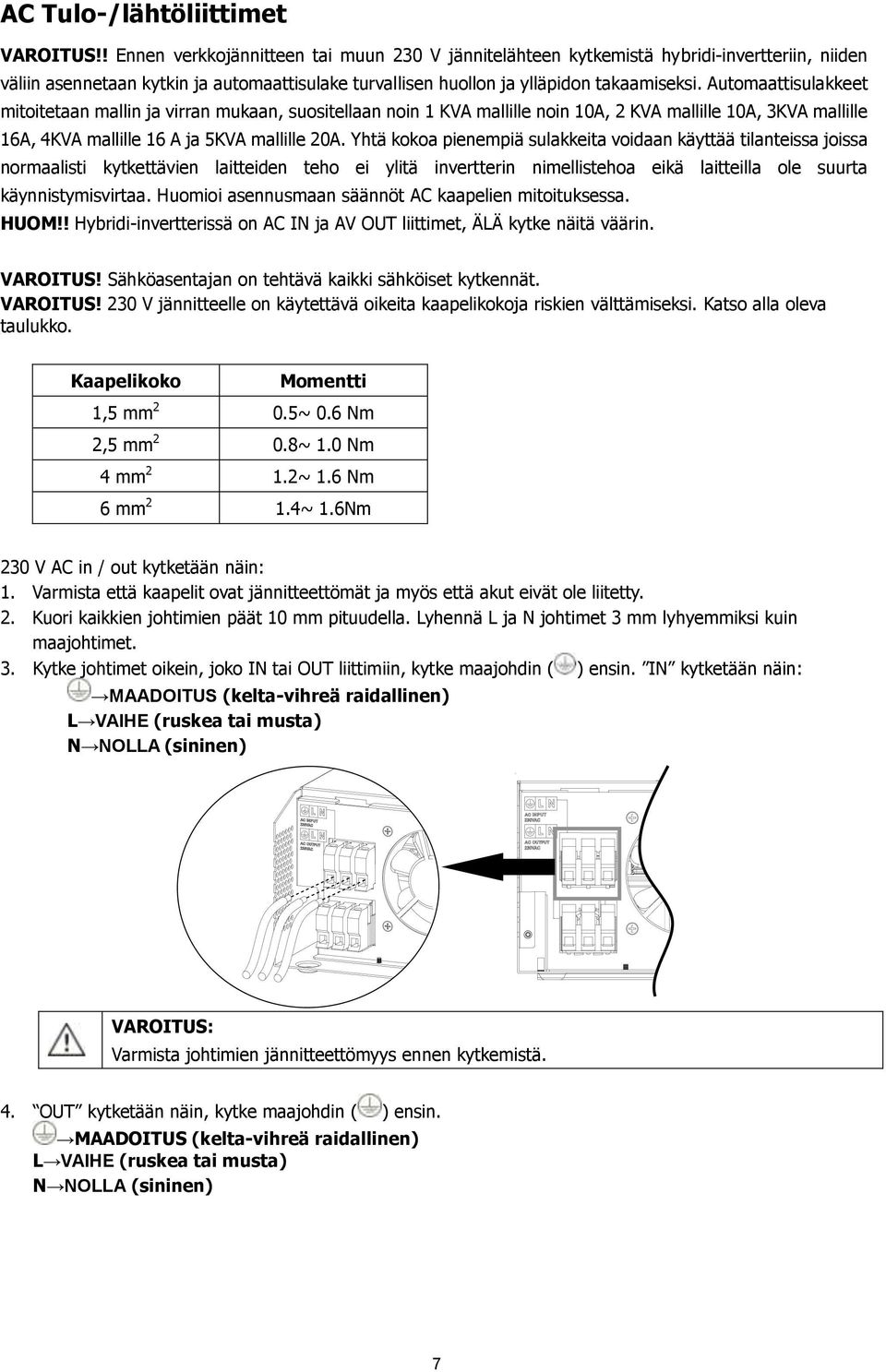 Automaattisulakkeet mitoitetaan mallin ja virran mukaan, suositellaan noin 1 KVA mallille noin 10A, 2 KVA mallille 10A, 3KVA mallille 16A, 4KVA mallille 16 A ja 5KVA mallille 20A.