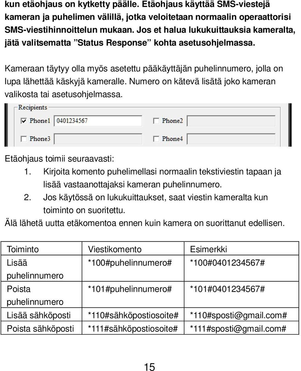 Kameraan täytyy olla myös asetettu pääkäyttäjän puhelinnumero, jolla on lupa lähettää käskyjä kameralle. Numero on kätevä lisätä joko kameran valikosta tai asetusohjelmassa.