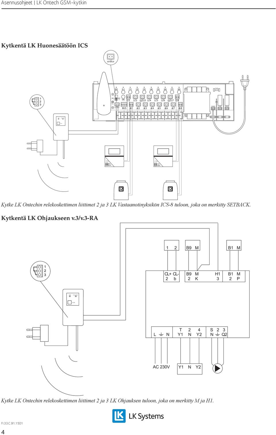 liittimet ja 3 LK Vastaanotinyksikön ICS-8 tuloon, joka on merkitty SETBACK. Kytkentä LK Ohjaukseen v.3/v.