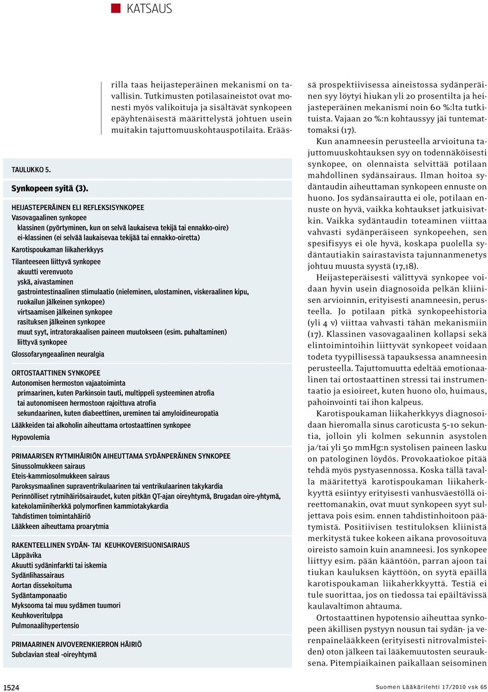 Erääs- HEIJASTEPERÄINEN ELI REFLEKSISYNKOPEE Vasovagaalinen synkopee klassinen (pyörtyminen, kun on selvä laukaiseva tekijä tai ennakko-oire) ei-klassinen (ei selvää laukaisevaa tekijää tai