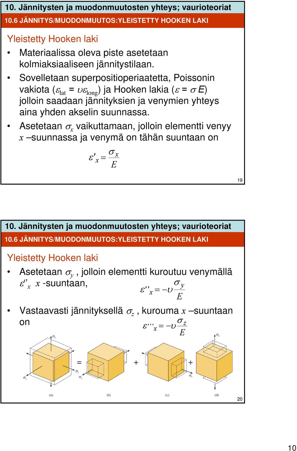 suunnassa. Asetetaan σ x vaikuttamaan, jolloin elementti venyy x suunnassa ja venymä on tähän suuntaan on σ ε ' x x E 9 0.