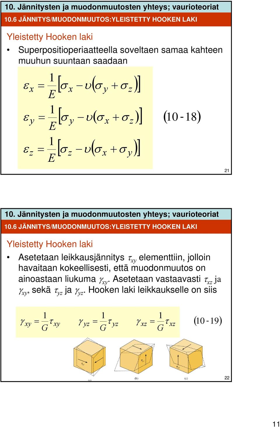 6 JÄNNITYS/MUODONMUUTOS:YLEISTETTY HOOKEN LAKI Yleistetty Hooken laki Asetetaan leikkausjännitys τ xy elementtiin, jolloin havaitaan