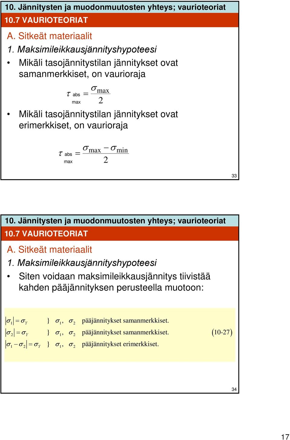 tasojännitystilan jännitykset ovat erimerkkiset, on vaurioraja τ abs max σ max σ min 33  Maksimileikkausjännityshypoteesi Siten