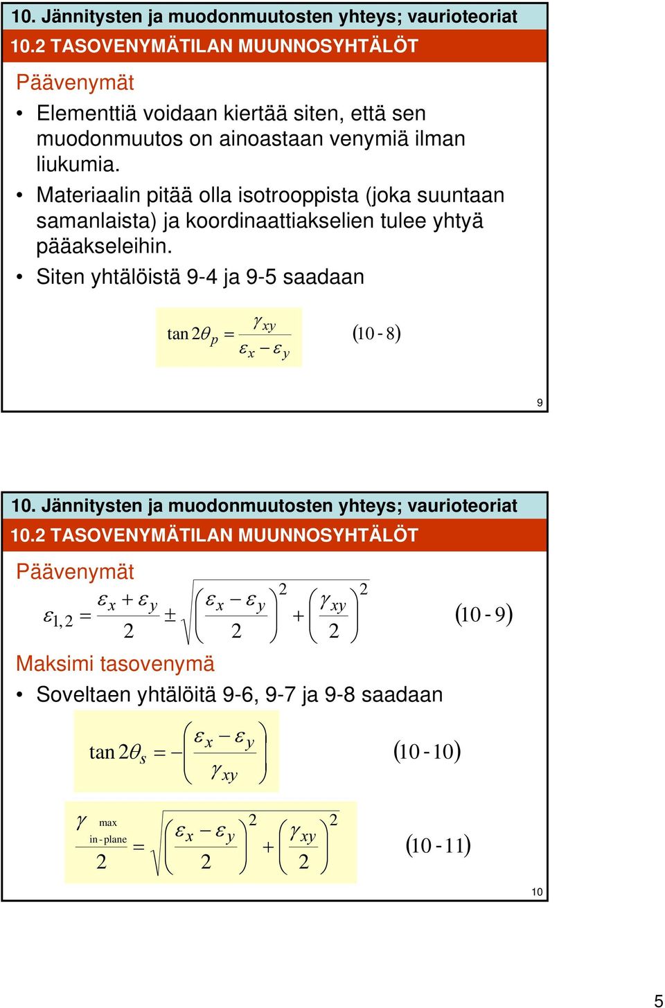 Siten yhtälöistä 9-4 ja 9-5 saadaan γ xy tan θ p - ε ε x y ( 0 8) 9 0.