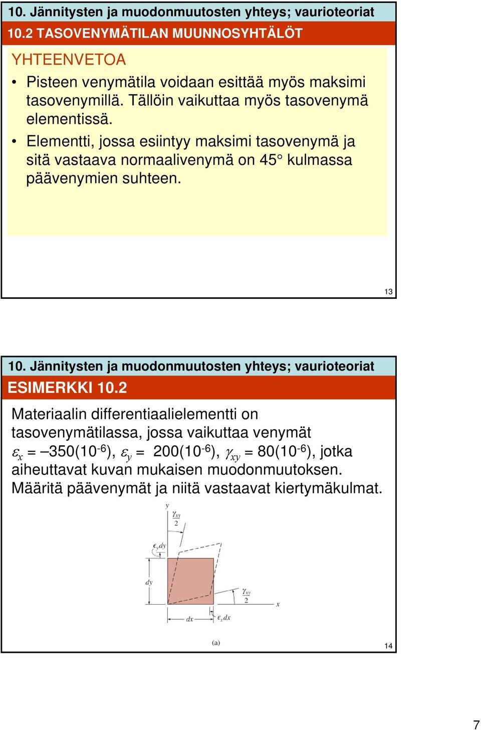 Elementti, jossa esiintyy maksimi tasovenymä ja sitä vastaava normaalivenymä on 45 kulmassa päävenymien suhteen. 3 ESIMERKKI 0.