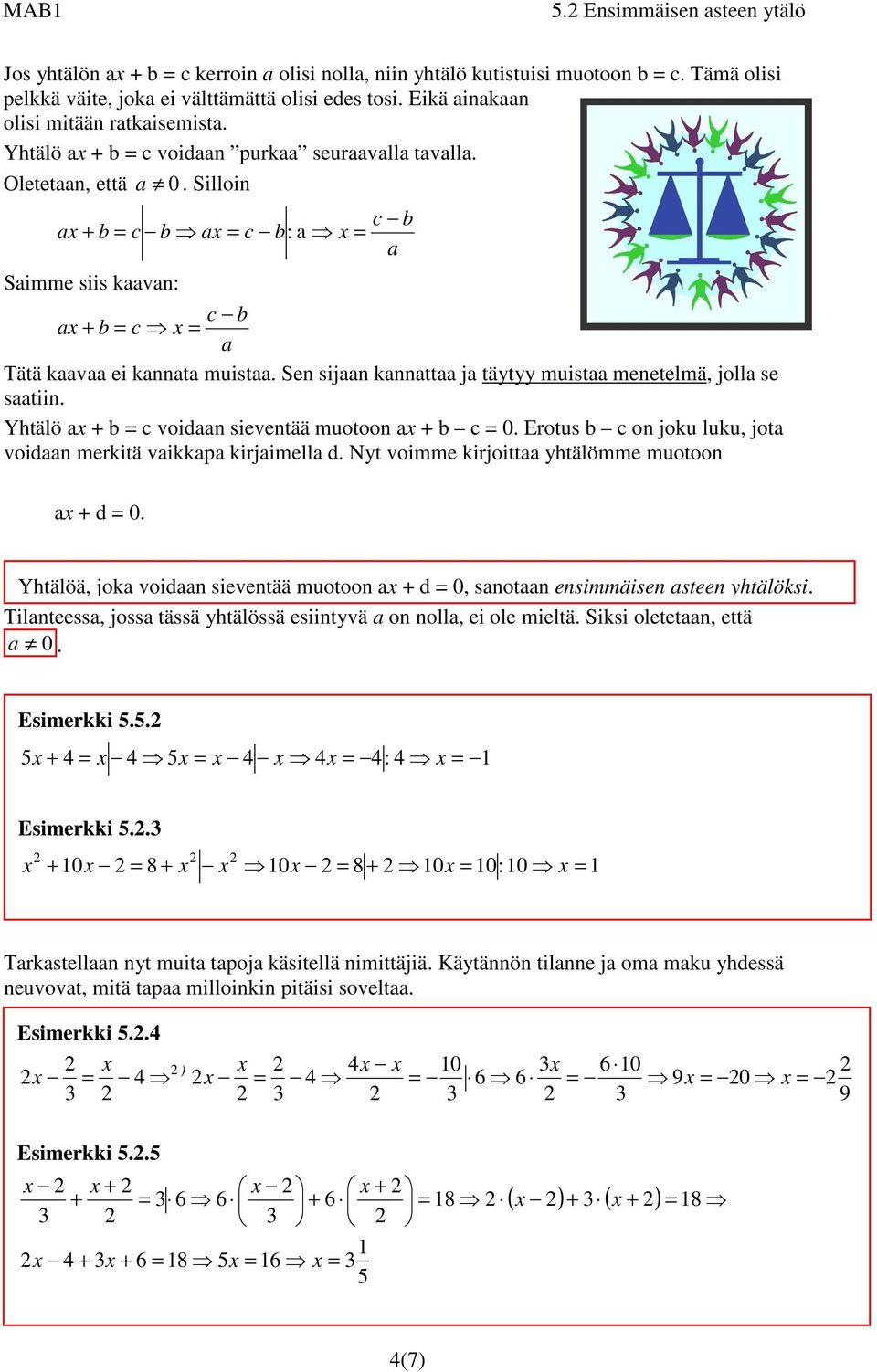 Silloin c b ax + b = c b ax = c b: a x = a Saimme siis kaavan: c b ax + b = c x = a Tätä kaavaa ei kannata muistaa. Sen sijaan kannattaa ja täytyy muistaa menetelmä, jolla se saatiin.