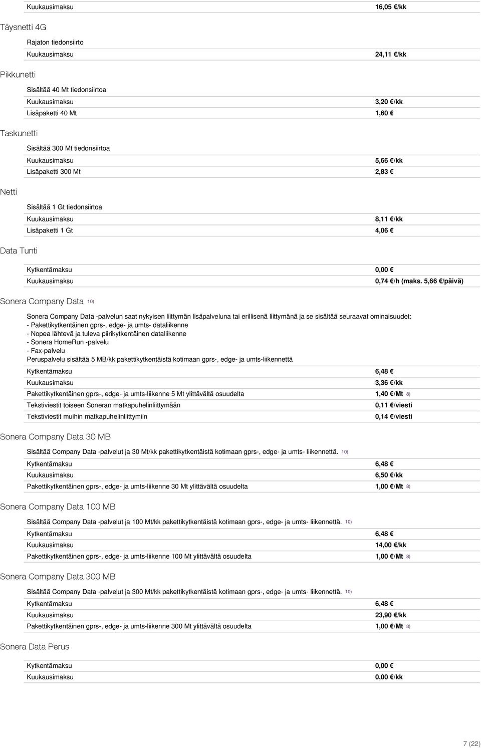 5,66 /päivä) Sonera Company Data 10) Sonera Company Data -palvelun saat nykyisen liittymän lisäpalveluna tai erillisenä liittymänä ja se sisältää seuraavat ominaisuudet: - Pakettikytkentäinen gprs-,