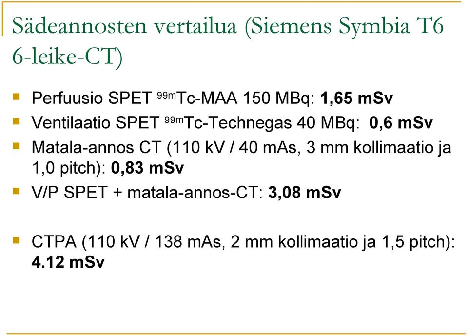 CT (110 kv / 40 mas, 3 mm kollimaatio ja 1,0 pitch): 0,83 msv V/P SPET +