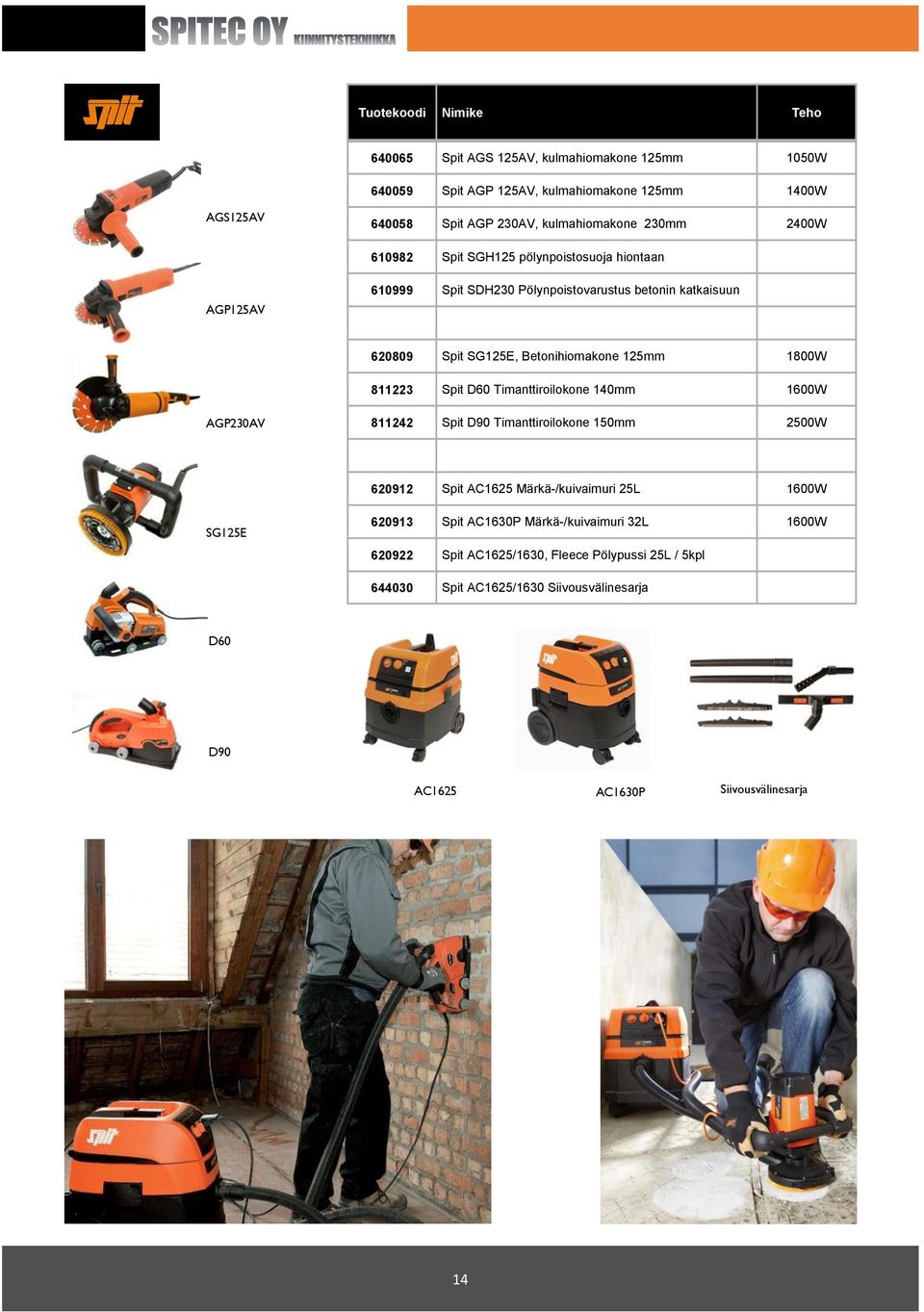 811223 Spit D60 Timanttiroilokone 140mm 1600W AGP230AV 811242 Spit D90 Timanttiroilokone 150mm 2500W 620912 Spit AC1625 Märkä-/kuivaimuri 25L 1600W SG125E 620913