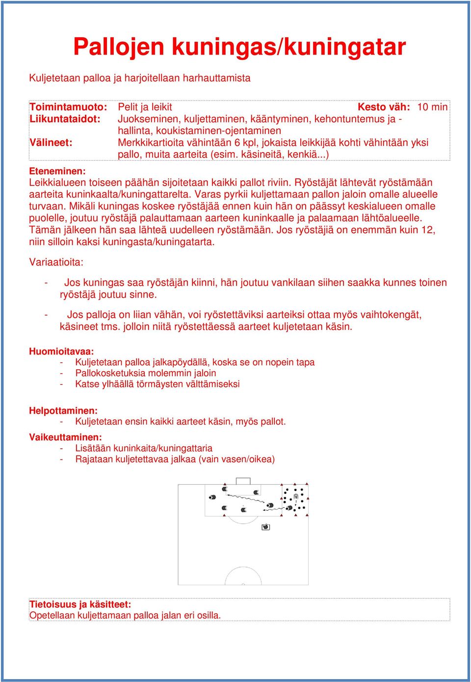 ..) Leikkialueen toiseen päähän sijoitetaan kaikki pallot riviin. Ryöstäjät lähtevät ryöstämään aarteita kuninkaalta/kuningattarelta. Varas pyrkii kuljettamaan pallon jaloin omalle alueelle turvaan.