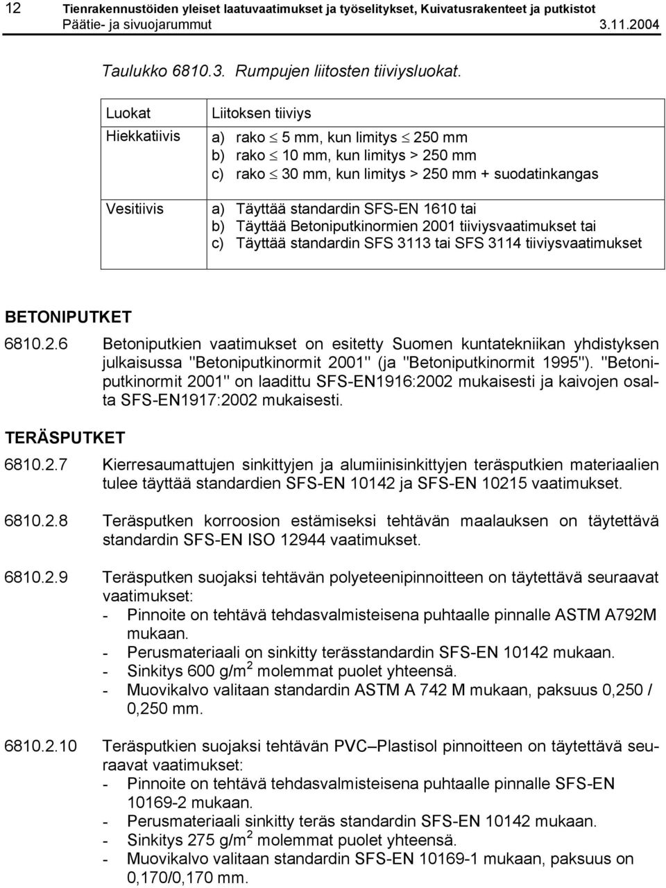 1610 tai b) Täyttää Betoniputkinormien 2001 tiiviysvaatimukset tai c) Täyttää standardin SFS 3113 tai SFS 3114 tiiviysvaatimukset BETONIPUTKET 6810.2.6 Betoniputkien vaatimukset on esitetty Suomen kuntatekniikan yhdistyksen julkaisussa "Betoniputkinormit 2001" (ja "Betoniputkinormit 1995").