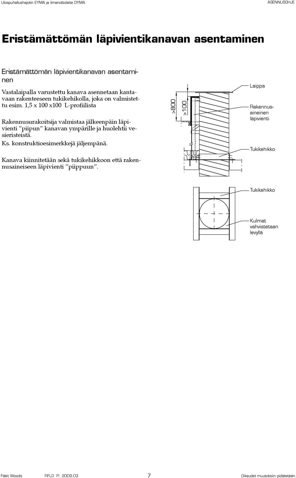 1,5 x 100 x100 L-profiilista Rakennusurakoitsija valmistaa jälkeenpäin läpivienti piipun kanavan ympärille ja huolehtii vesieristeistä. Ks.