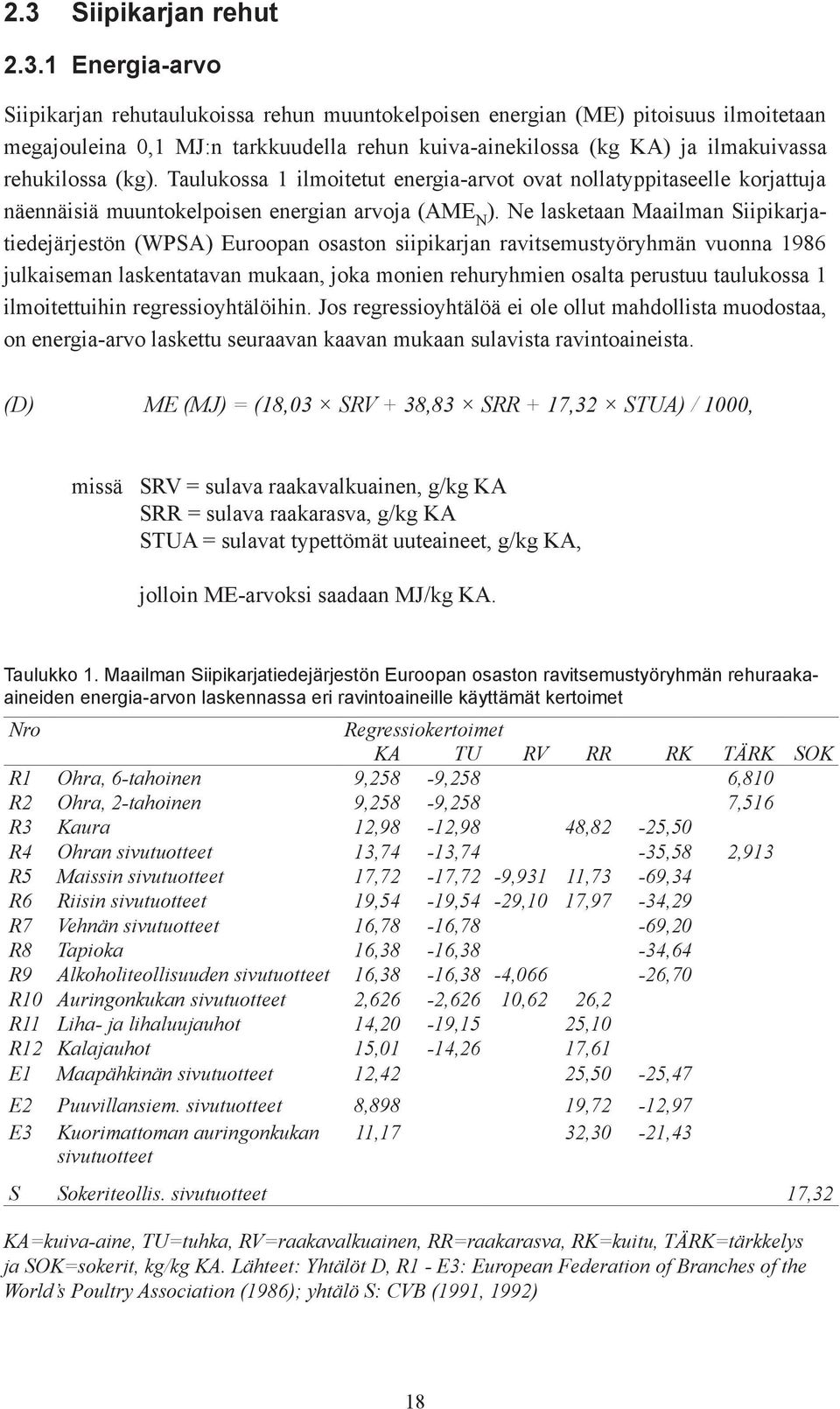 Ne lasketaan Maailman Siipikarjatiedejärjestön (WPSA) Euroopan osaston siipikarjan ravitsemustyöryhmän vuonna 1986 julkaiseman laskentatavan mukaan, joka monien rehuryhmien osalta perustuu taulukossa