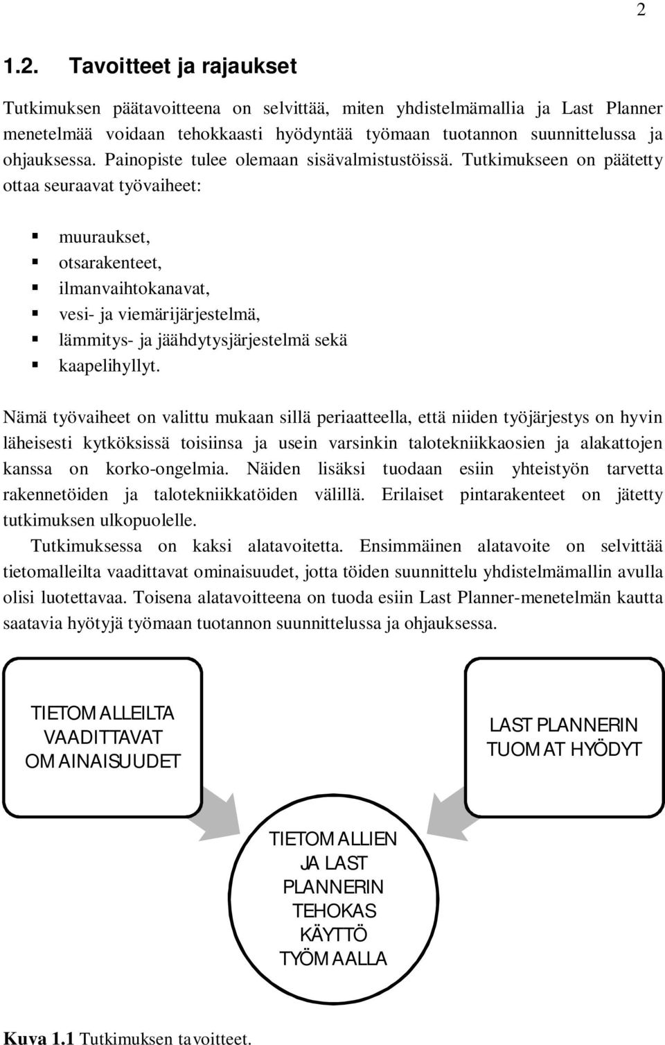 Tutkimukseen on päätetty ottaa seuraavat työvaiheet: muuraukset, otsarakenteet, ilmanvaihtokanavat, vesi- ja viemärijärjestelmä, lämmitys- ja jäähdytysjärjestelmä sekä kaapelihyllyt.