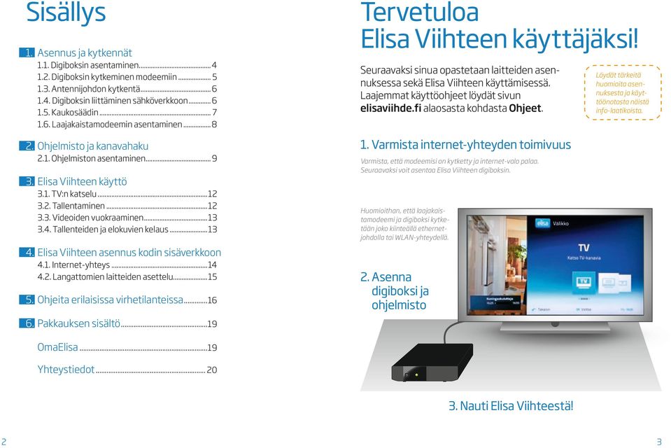 ..13 3.4. Tallenteiden ja elokuvien kelaus...13 4. Elisa Viihteen asennus kodin sisäverkkoon 4.1. Internet-yhteys...14 4.2. Langattomien laitteiden asettelu...15 5.