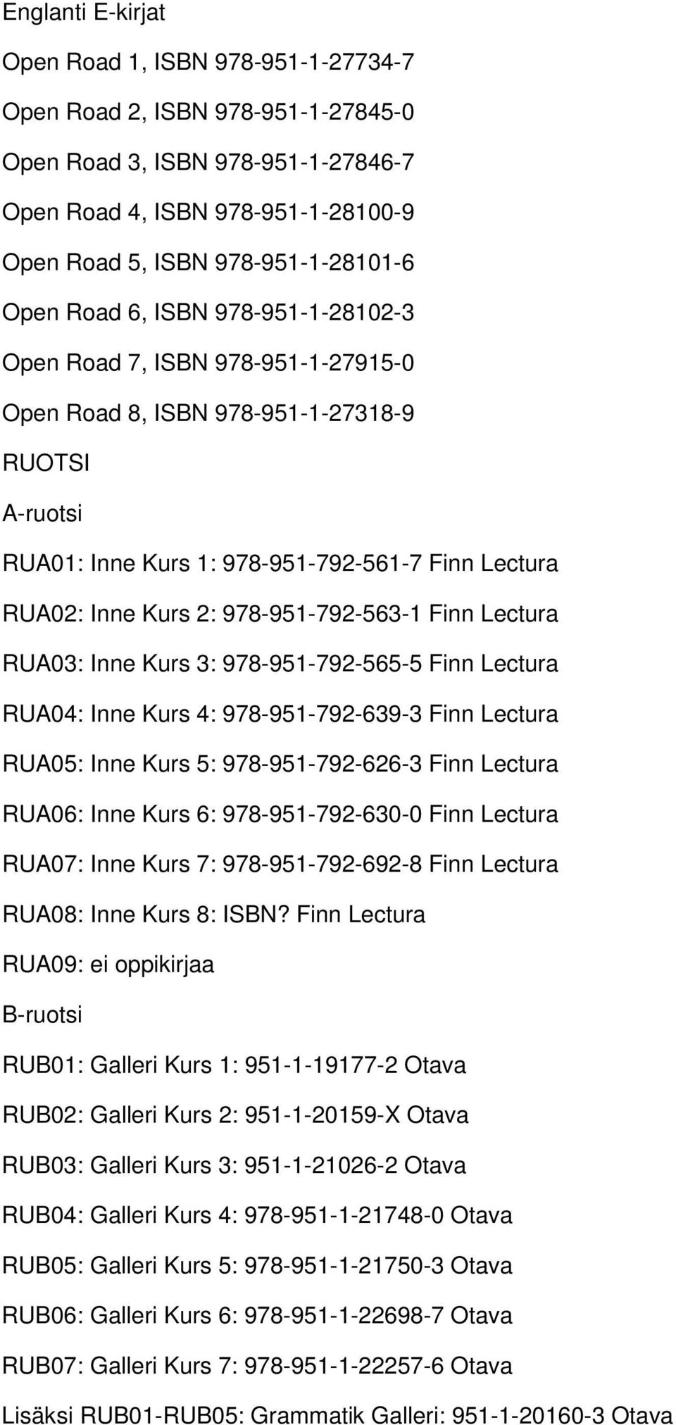 978-951-792-563-1 Finn Lectura RUA03: Inne Kurs 3: 978-951-792-565-5 Finn Lectura RUA04: Inne Kurs 4: 978-951-792-639-3 Finn Lectura RUA05: Inne Kurs 5: 978-951-792-626-3 Finn Lectura RUA06: Inne