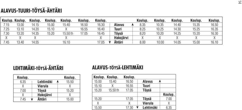 30 Hakojärvi 7.45 13.40 14.55 16.10 17.05 Ähtäri 8.00 10.00 14.05 15.00 16.10 LEHIMÄKI-ÖYSÄ-ÄHÄRI Koulup. Koulup. 6.35 Lehtimäki 15.50 Vierula 7.00 öysä 15.20 Hakojärvi 7.