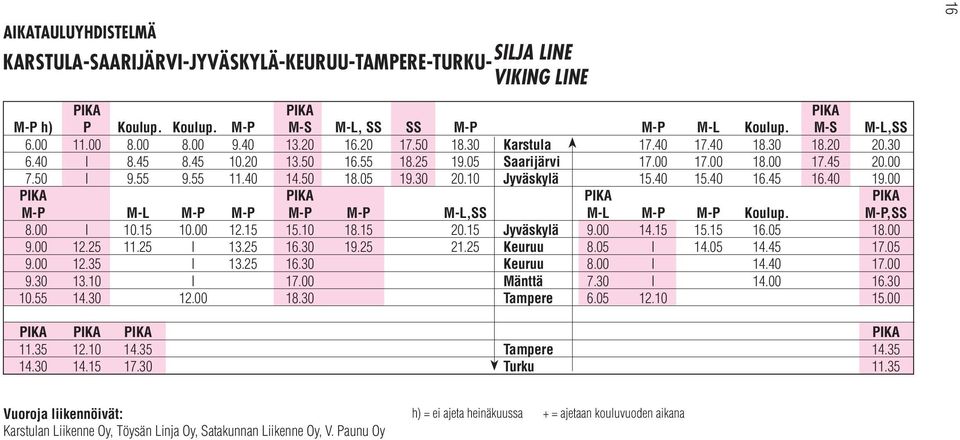 30 20.10 Jyväskylä 15.40 15.40 16.45 16.40 19.00 PIKA PIKA PIKA PIKA M-P M-L M-P M-P M-P M-P M-L,SS M-L M-P M-P Koulup. M-P,SS 8.00 I 10.15 10.00 12.15 15.10 18.15 20.15 Jyväskylä 9.00 14.15 15.15 16.