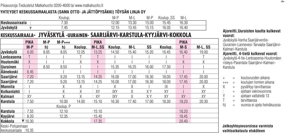 M-L SS Koulup. M-S M-L, SS Jyväskylä 6.05 8.05 8.05 12.05 13.25 14.50 15.40 15.20 16.45 16.40 19.00 Lentoasema I I I I I I Huutomäki I I I I I l Uurainen I 8.50 8.50 I I 15.35 16.25 16.00 17.