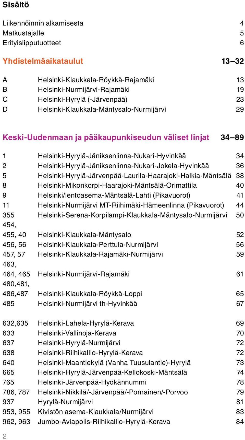 Helsinki-Hyrylä-Jäniksenlinna-Nukari-Jokela-Hyvinkää 36 5 Helsinki-Hyrylä-Järvenpää-Laurila-Haarajoki-Halkia-Mäntsälä 38 8 Helsinki-Mikonkorpi-Haarajoki-Mäntsälä-Orimattila 40 9
