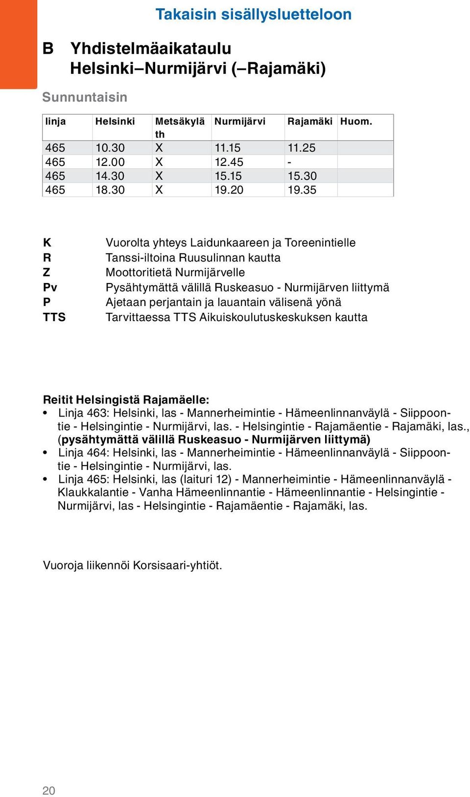 35 K R Z Pv P TTS Vuorolta yhteys Laidunkaareen ja Toreenintielle Tanssi-iltoina Ruusulinnan kautta Moottoritietä Nurmijärvelle Pysähtymättä välillä Ruskeasuo - Nurmijärven liittymä Ajetaan