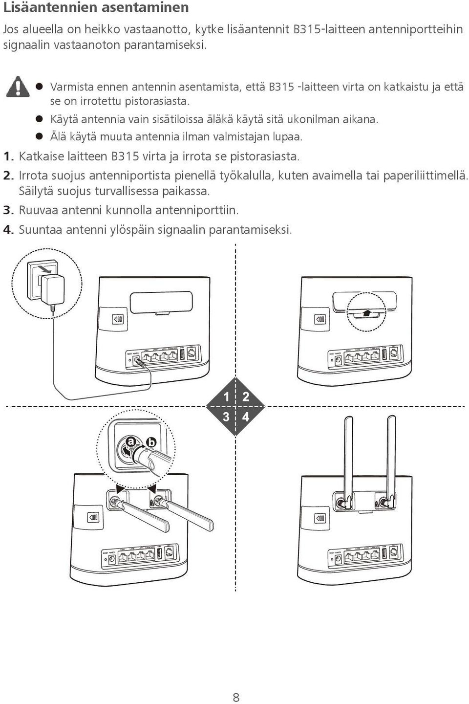 Käytä antennia vain sisätiloissa äläkä käytä sitä ukonilman aikana. Älä käytä muuta antennia ilman valmistajan lupaa. 1.