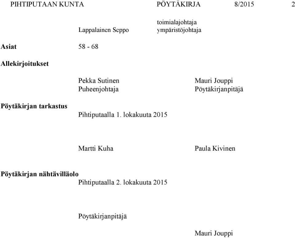 Pöytäkirjanpitäjä Pöytäkirjan tarkastus Pihtiputaalla 1.