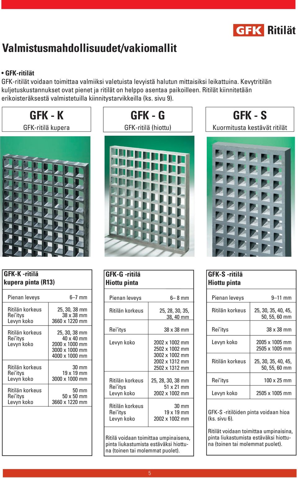 GFK - K GFK-ritilä kupera GFK - G GFK-ritilä (hiottu) GFK - S Kuormitusta kestävät ritilät GFK-K -ritilä kupera pinta (R13) GFK-G -ritilä Hiottu pinta GFK-S -ritilä Hiottu pinta 6 7 mm 6 8 mm 9 11 mm