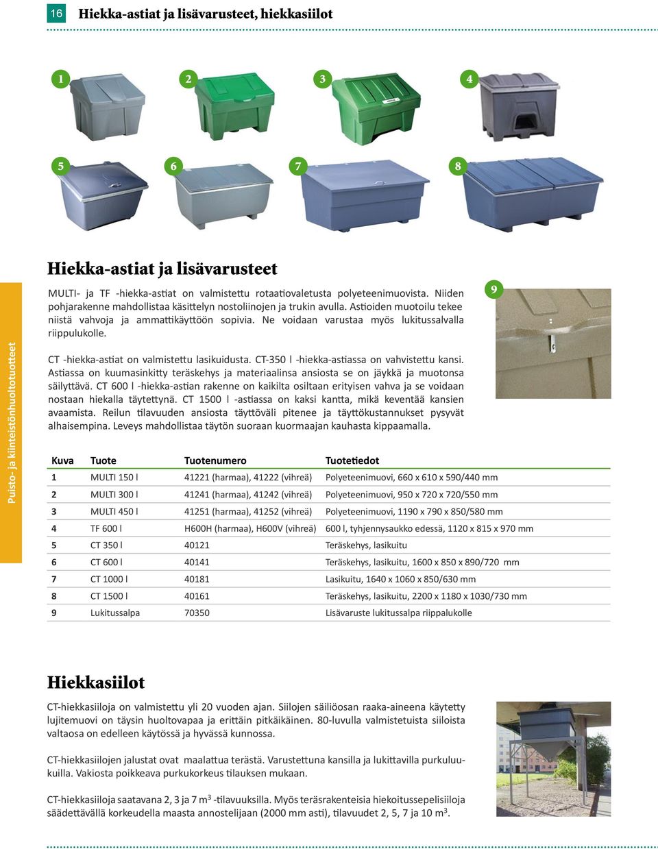 9 Puisto- ja kiinteistönhuoltotuotteet CT -hiekka-astiat on valmistettu lasikuidusta. CT-350 l -hiekka-astiassa on vahvistettu kansi.