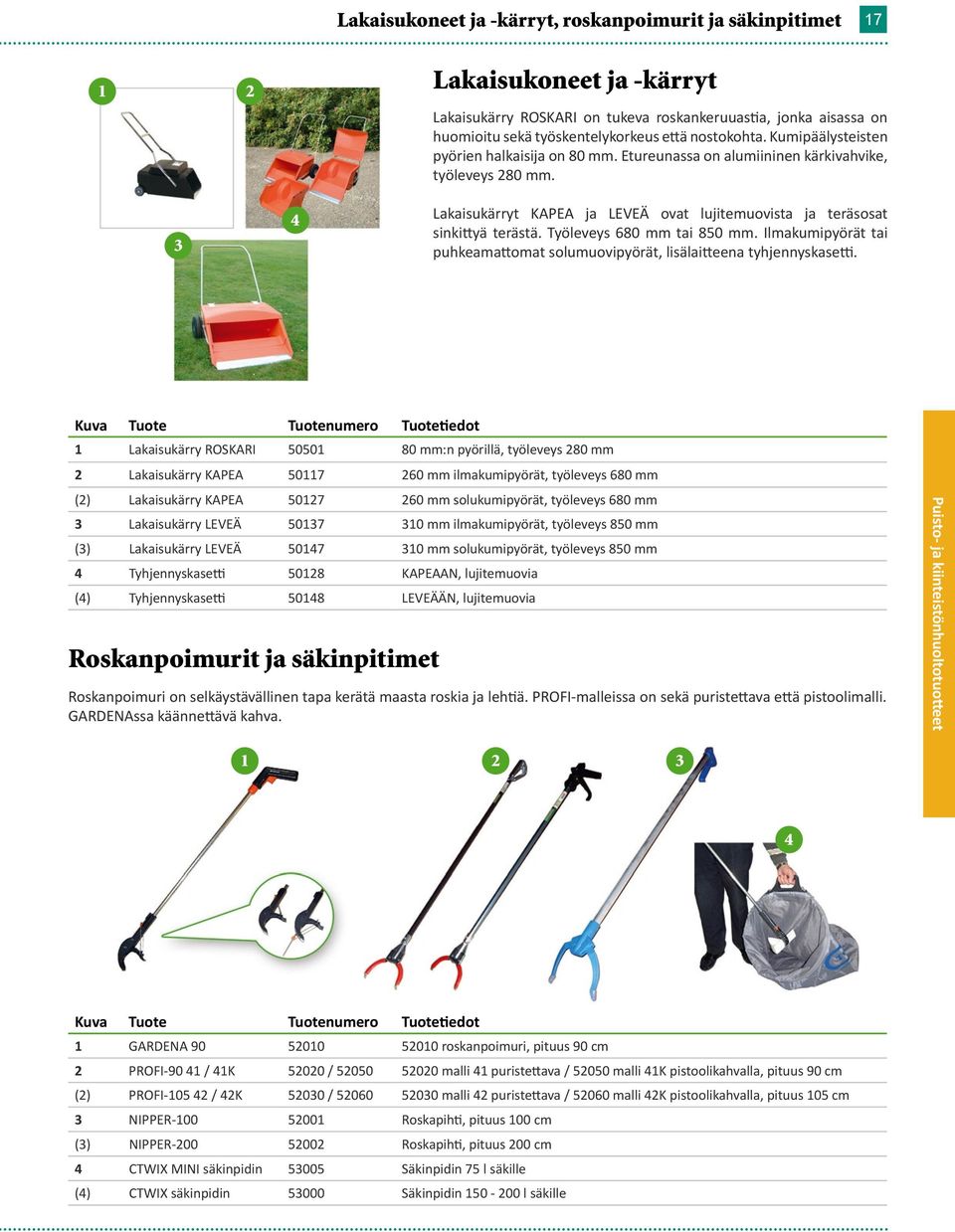 Työleveys 680 mm tai 850 mm. Ilmakumipyörät tai puhkeamattomat solumuovipyörät, lisälaitteena tyhjennyskasetti.