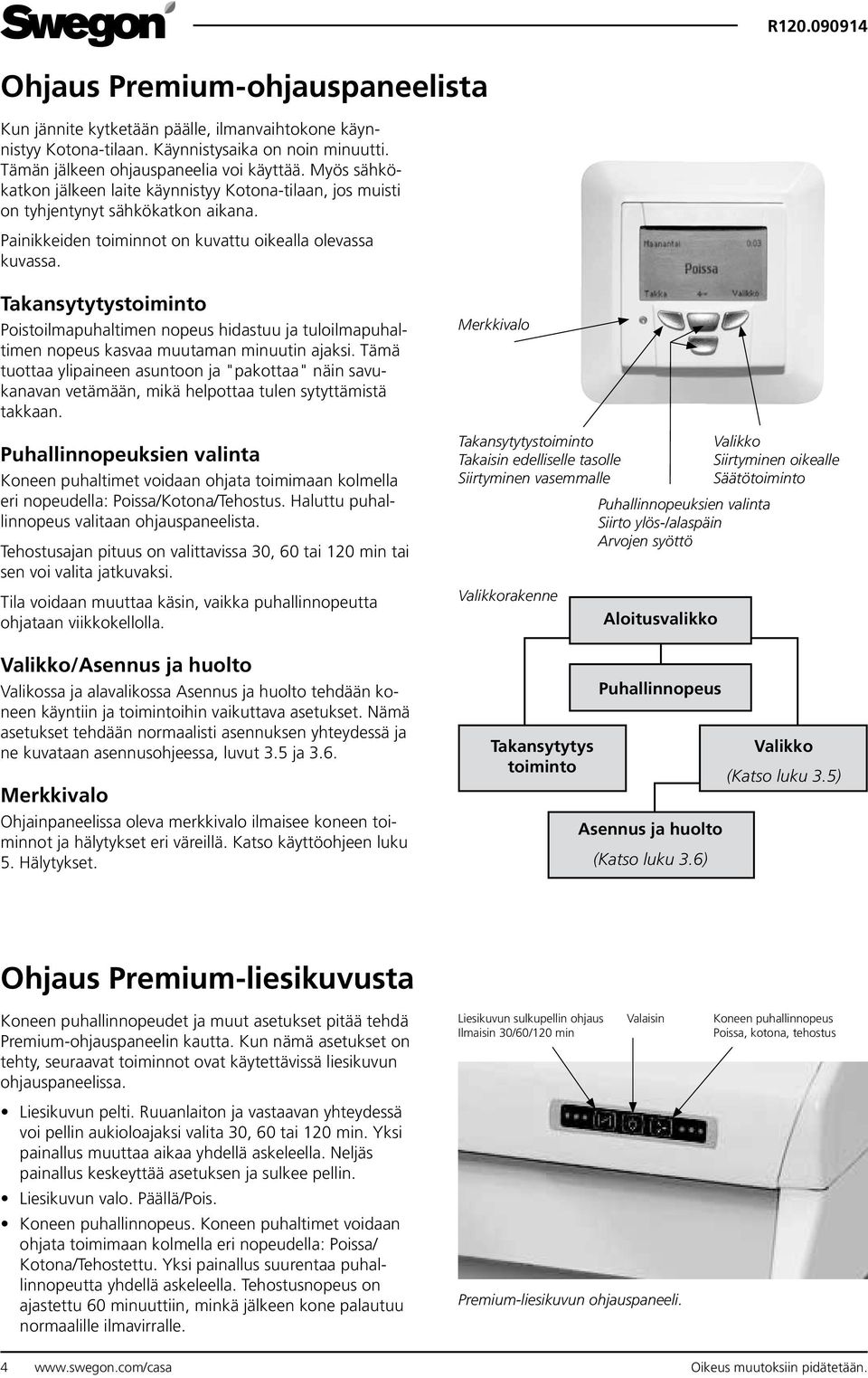 Takansytytystoiminto Poistoilmapuhaltimen nopeus hidastuu ja tuloilmapuhaltimen nopeus kasvaa muutaman minuutin ajaksi.