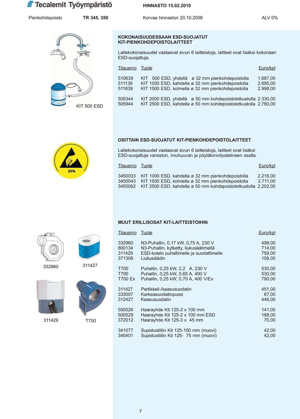 998,00 KIT 500 ESD 505344 KIT 2000 ESD, yhdellä ø 50 mm kohdepoistoletkustolla 2.330,00 505944 KIT 2500 ESD, kahdella ø 50 mm kohdepoistoletkustolla 2.