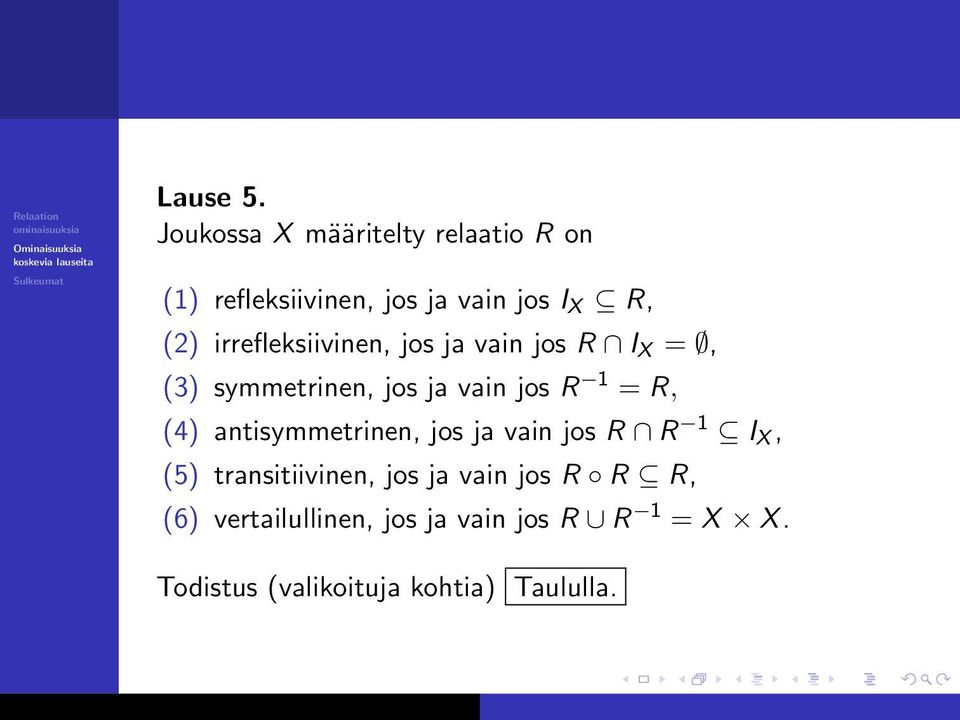 irrefleksiivinen, jos ja vain jos R I X =, (3) symmetrinen, jos ja vain jos R 1 = R, (4)