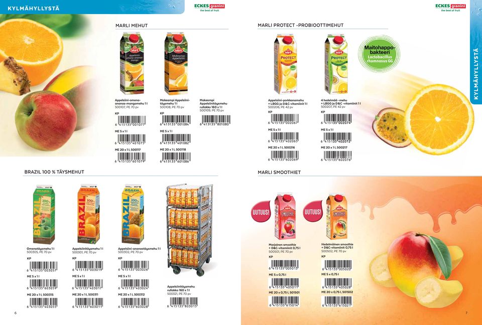 l 20 x 1 l, 500117 20 x 1 l, 500118 20 x 1 l, 500216 20 x 1 l, 500217 BRAZIL 100 % TÄYSHUT MARLI SMOOTHIET Omenatäysmehu 1 l 500305, PE 70 pv Appelsiinitäysmehu 1 l 500301, PE 70 pv