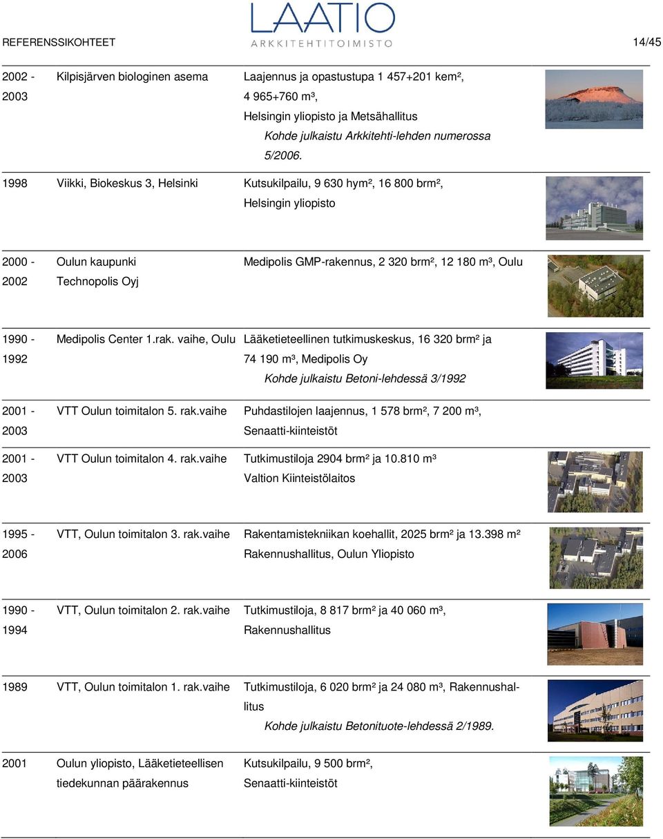 1998 Viikki, Biokeskus 3, Helsinki Kutsukilpailu, 9 630 hym², 16 800 brm², Helsingin yliopisto 2000-2002 Oulun kaupunki Technopolis Oyj Medipolis GMP-rakennus, 2 320 brm², 12 180 m³, Oulu 1990-1992