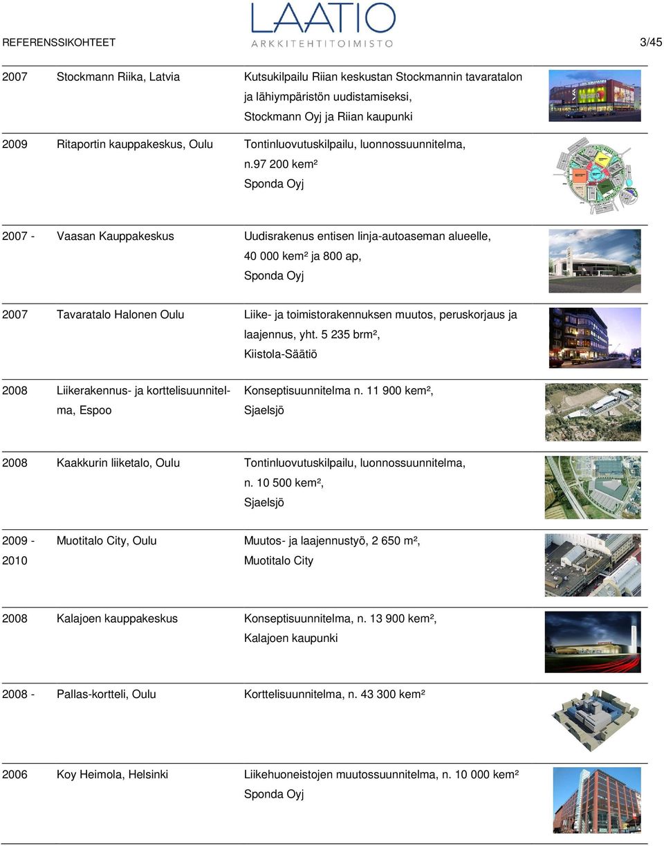 97 200 kem² Sponda Oyj 2007 - Vaasan Kauppakeskus Uudisrakenus entisen linja-autoaseman alueelle, 40 000 kem² ja 800 ap, Sponda Oyj 2007 Tavaratalo Halonen Oulu Liike- ja toimistorakennuksen muutos,