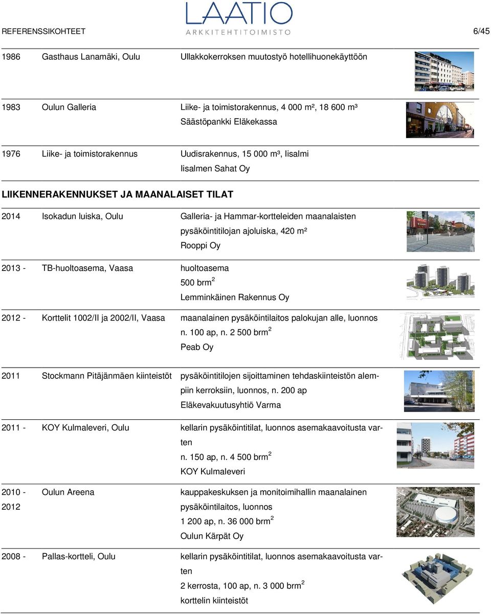pysäköintitilojan ajoluiska, 420 m² Rooppi Oy 2013 - TB-huoltoasema, Vaasa huoltoasema 500 brm 2 Lemminkäinen Rakennus Oy 2012 - Korttelit 1002/II ja 2002/II, Vaasa maanalainen pysäköintilaitos