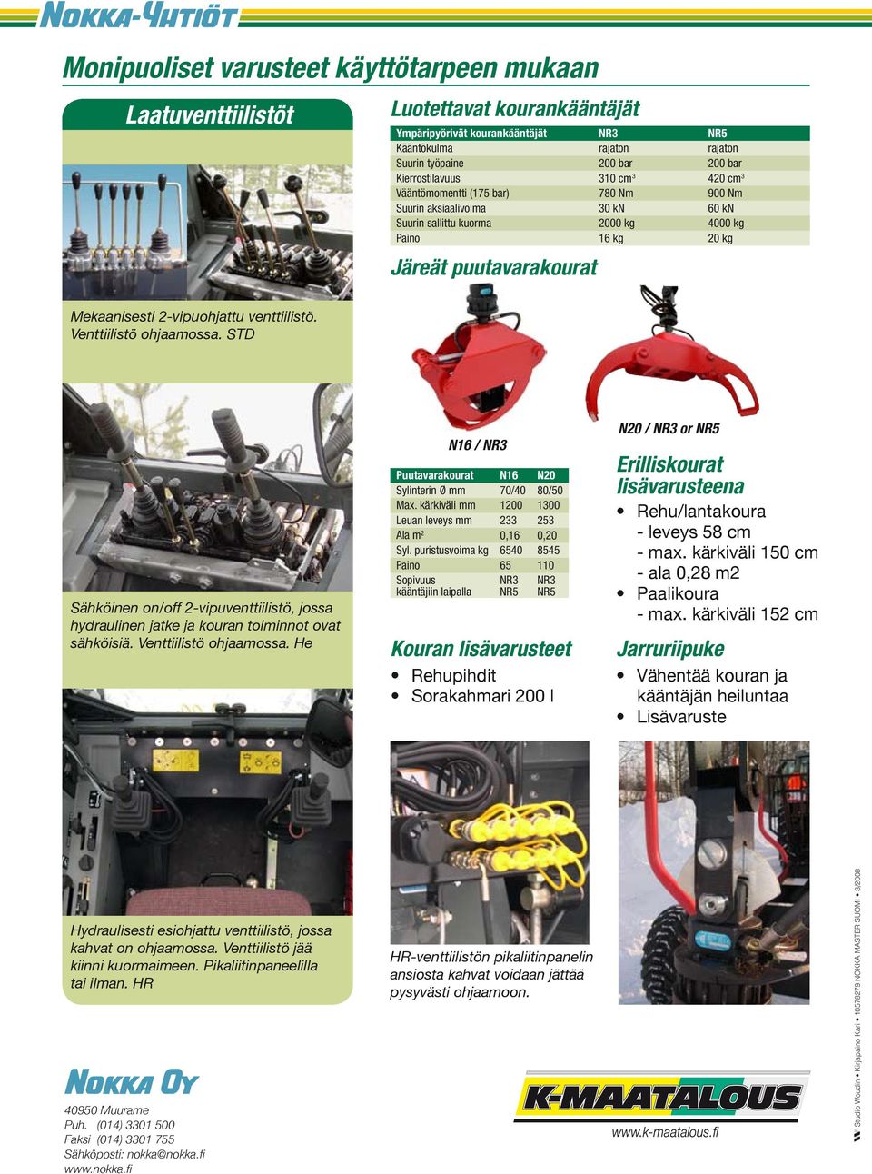 2-vipuohjattu venttiilistö. Venttiilistö ohjaamossa. STD Sähköinen on/off 2-vipuventtiilistö, jossa hydraulinen jatke ja kouran toiminnot ovat sähköisiä. Venttiilistö ohjaamossa. He Puutavarakourat N16 N20 Sylinterin Ø mm 70/40 80/50 Max.