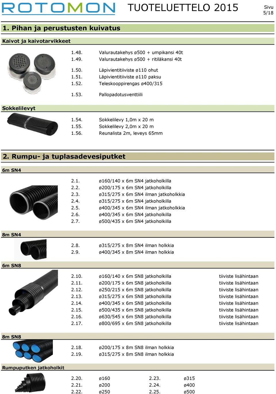 Rumpu- ja tuplasadevesiputket 6m SN4 2.1. ø160/140 x 6m SN4 jatkoholkilla 2.2. ø200/175 x 6m SN4 jatkoholkilla 2.3. ø315/275 x 6m SN4 ilman jatkoholkkia 2.4. ø315/275 x 6m SN4 jatkoholkilla 2.5. ø400/345 x 6m SN4 ilman jatkoholkkia 2.