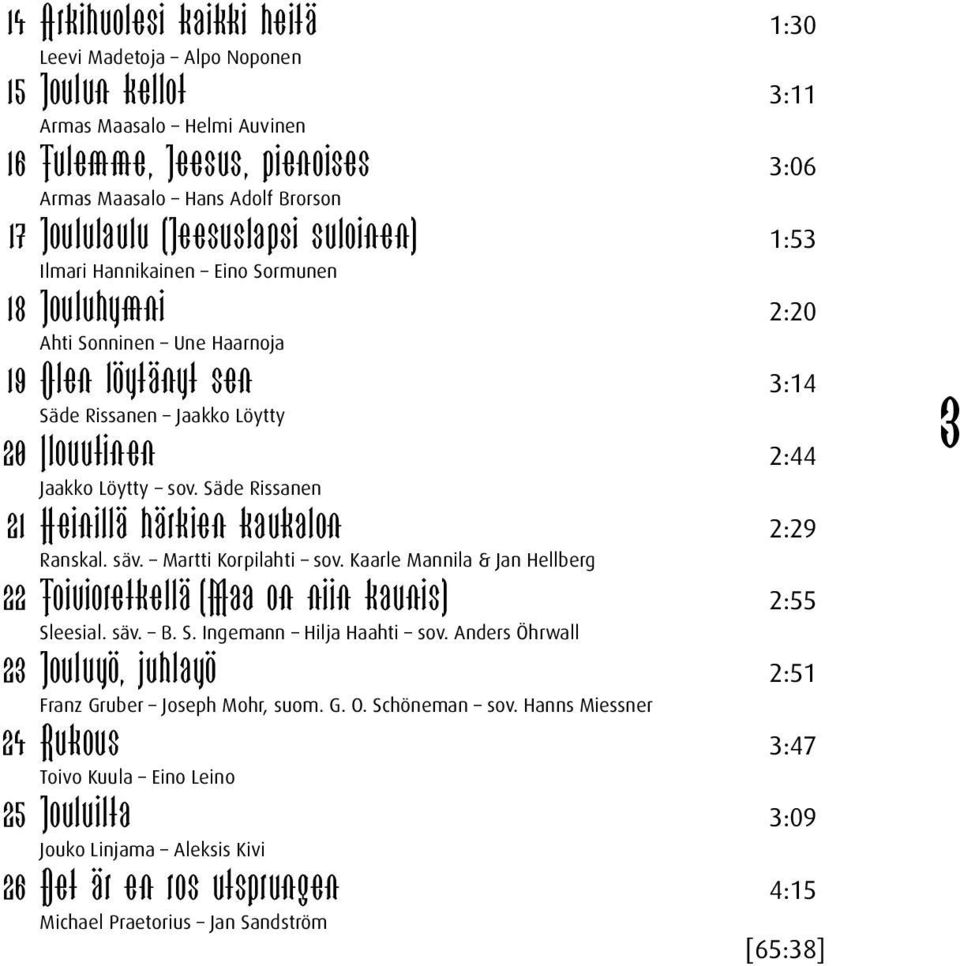 Säde Rissanen 21 Heinillä härkien kaukalon 2:29 Ranskal. säv. Martti Korpilahti sov. Kaarle Mannila & Jan Hellberg 22 Toivioretkellä (Maa on niin kaunis) 2:55 Sleesial. säv. B. S. Ingemann Hilja Haahti sov.