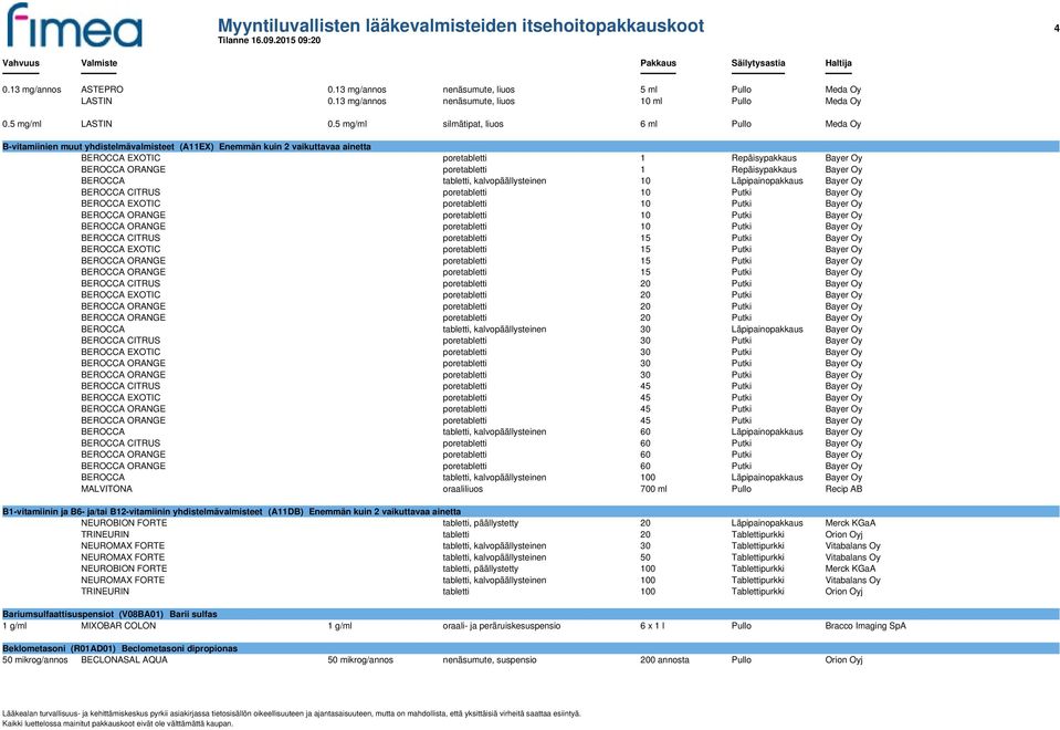 5 mg/ml silmätipat, liuos 6 ml Pullo Meda Oy B-vitamiinien muut yhdistelmävalmisteet (A11EX) Enemmän kuin 2 vaikuttavaa ainetta BEROCCA EXOTIC poretabletti 1 Repäisypakkaus Bayer Oy BEROCCA ORANGE