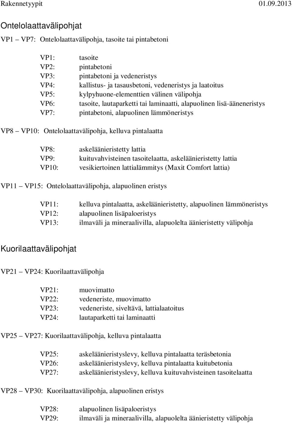 Ontelolaattavälipohja, kelluva pintalaatta VP8: VP9: VP10: askeläänieristetty lattia kuituvahvisteinen tasoitelaatta, askeläänieristetty lattia vesikiertoinen lattialämmitys (Maxit Comfort lattia)