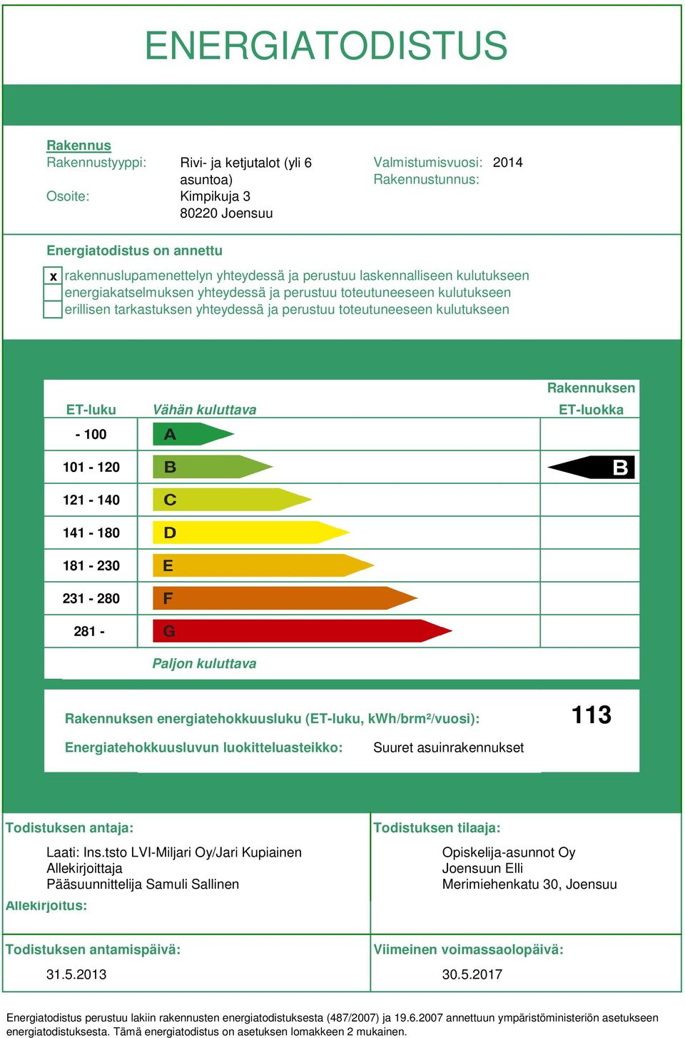 toteutuneeseen kulutukseen Rakennuksen ET-luku Vähän kuluttava ET-luokka - 00 0-20 0 2-40 4-80 8-230 23-280 28 - Paljon kuluttava Rakennuksen energiatehokkuusluku (ET-luku, /brm²/vuosi): 3