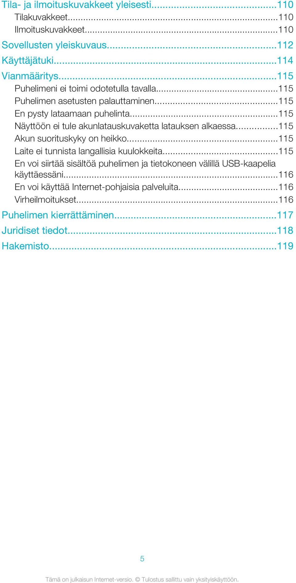 ..115 Näyttöön ei tule akunlatauskuvaketta latauksen alkaessa...115 Akun suorituskyky on heikko...115 Laite ei tunnista langallisia kuulokkeita.