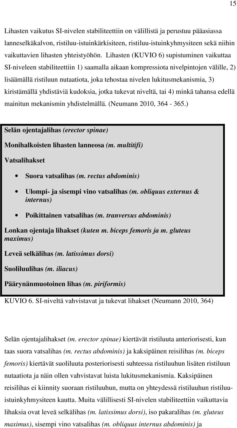 Lihasten (KUVIO 6) supistuminen vaikuttaa SI-niveleen stabiliteettiin 1) saamalla aikaan kompressiota nivelpintojen välille, 2) lisäämällä ristiluun nutaatiota, joka tehostaa nivelen