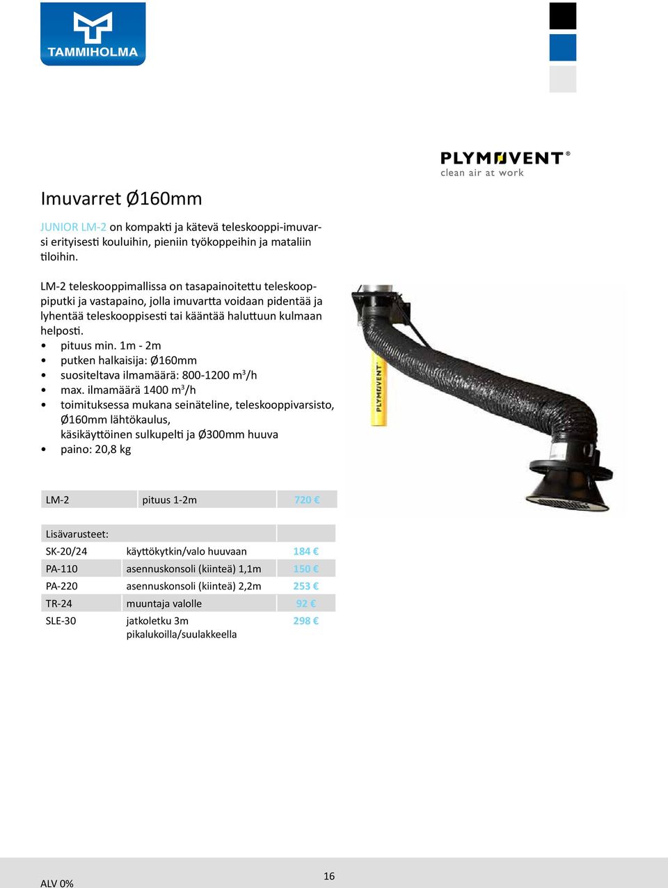 1m - 2m putken halkaisija: Ø160mm suositeltava ilmamäärä: 800-1200 m 3 /h max.