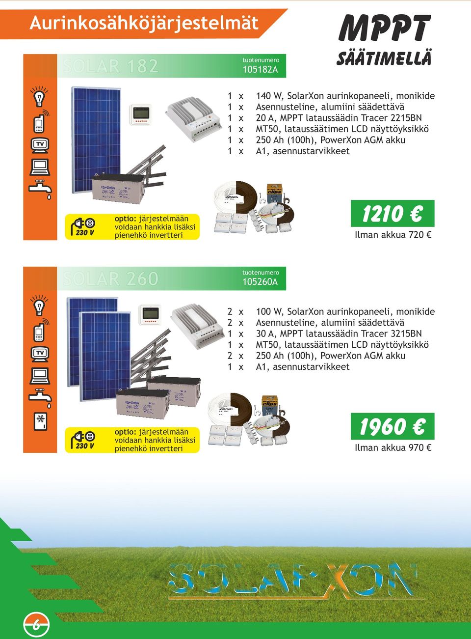 Ilman akkua 70 SOLAR 60 10560A x 100 W, SolarXon aurinkopaneeli, monikide x Asennusteline, alumiini säädettävä 1 x 30 A, MPPT lataussäädin Tracer 315BN 1 x MT50, lataussäätimen