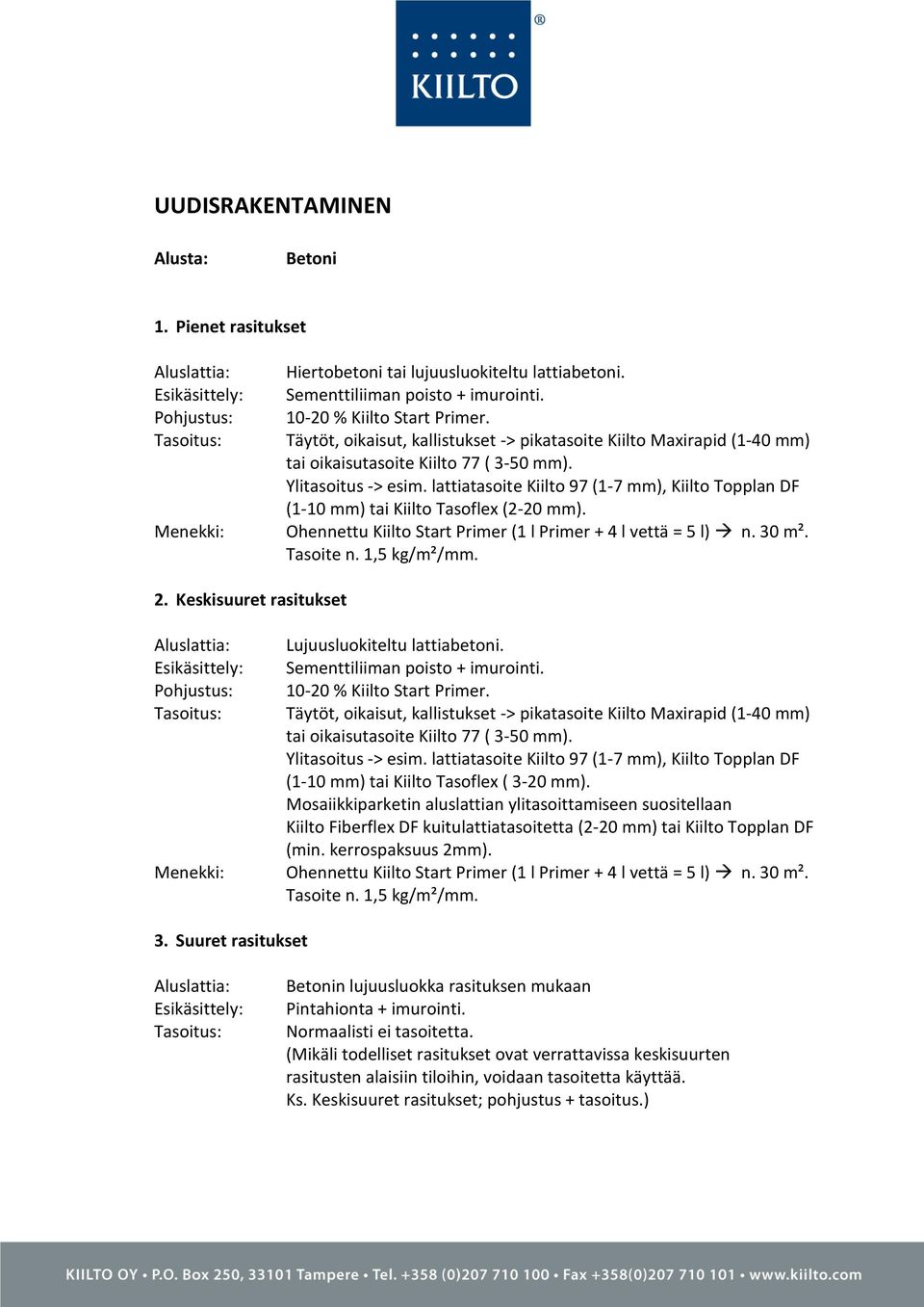 Ohennettu Kiilto Start Primer (1 l Primer + 4 l vettä = 5 l) n. 30 m². Lujuusluokiteltu lattiabetoni. Sementtiliiman poisto + imurointi. 10-20 % Kiilto Start Primer.