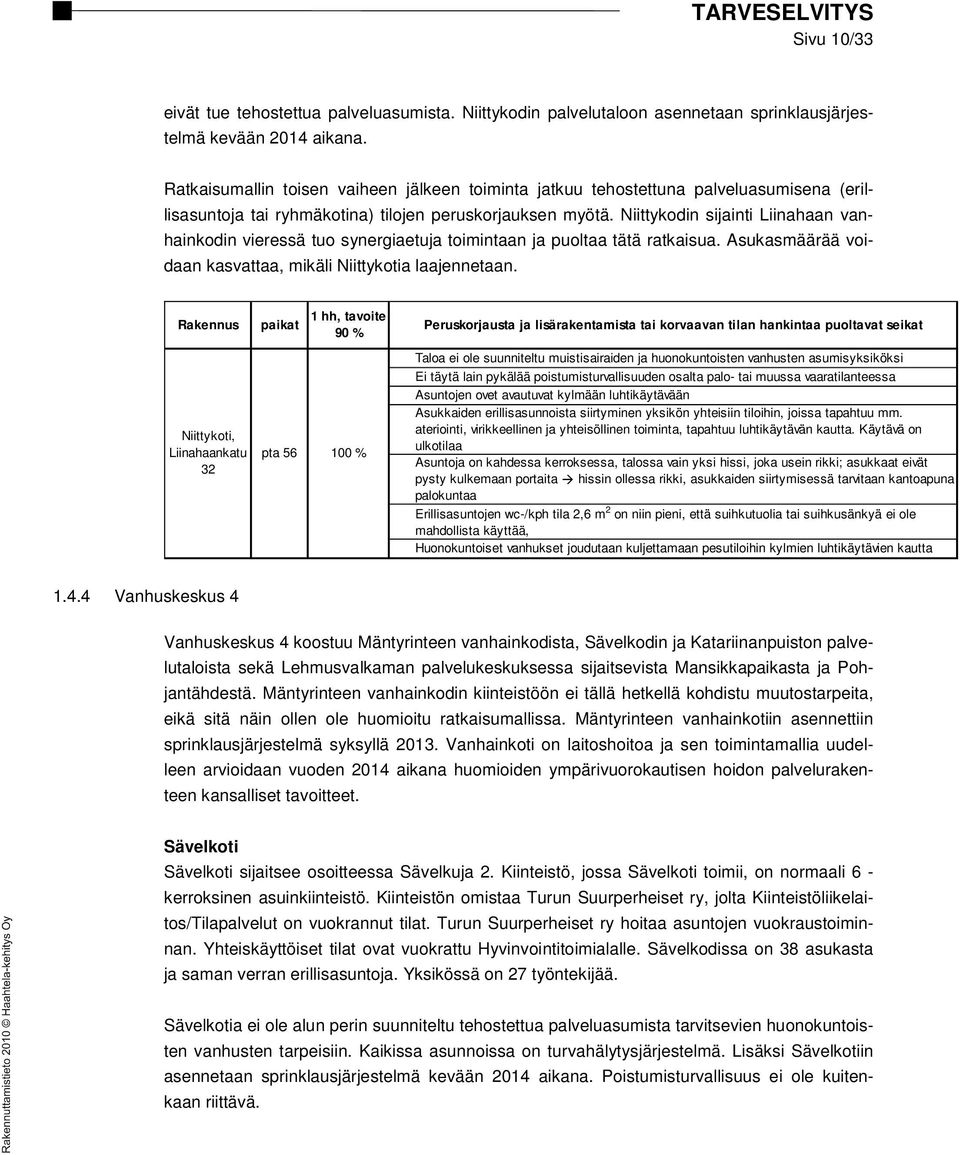 Niittykodin sijainti Liinahaan vanhainkodin vieressä tuo synergiaetuja toimintaan ja puoltaa tätä ratkaisua. Asukasmäärää voidaan kasvattaa, mikäli Niittykotia laajennetaan.