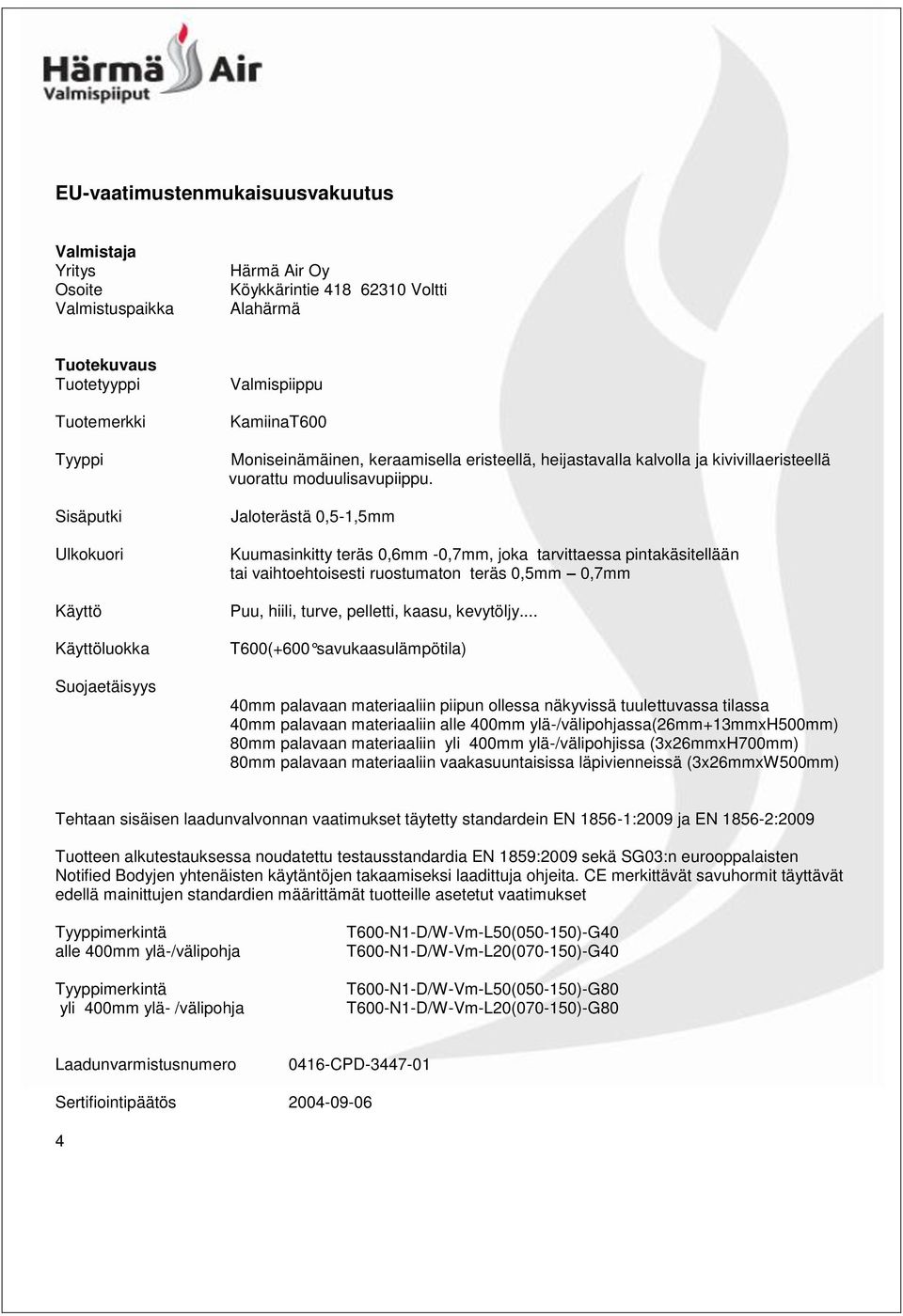 Jaloterästä 0,5-1,5mm Kuumasinkitty teräs 0,6mm -0,7mm, joka tarvittaessa pintakäsitellään tai vaihtoehtoisesti ruostumaton teräs 0,5mm 0,7mm Puu, hiili, turve, pelletti, kaasu, kevytöljy.